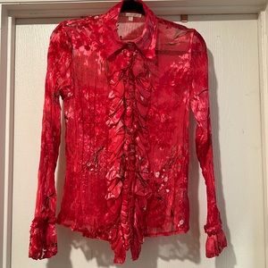 Red Sheer Flower Button Up Blouse